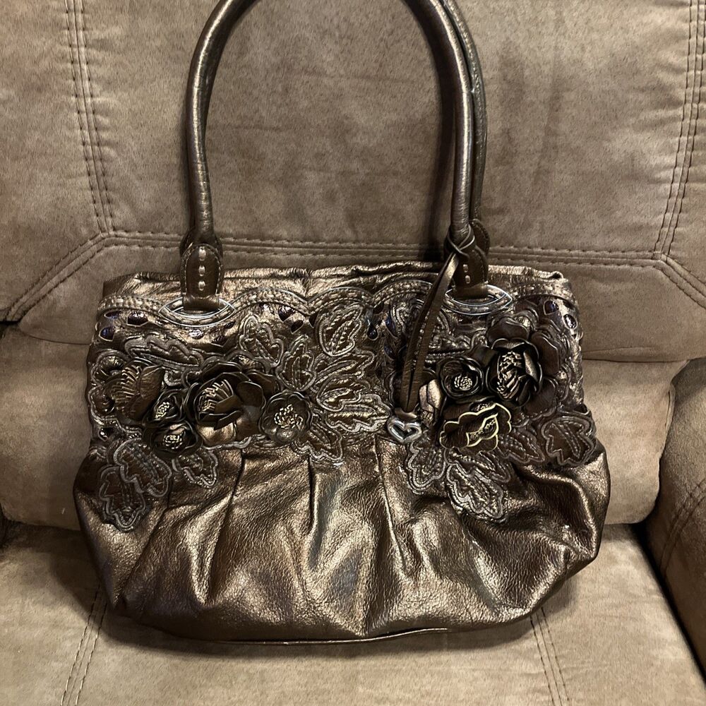 BRIGHTON Masterpiece BRONZE BROWN 3D Floral LEATHER Applique Shoulder Bag Purse